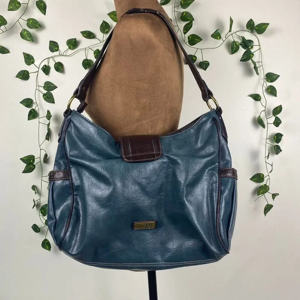 Nine &co by Nine West leather slouchy hobo bag teal brown fairy grunge indie y2k